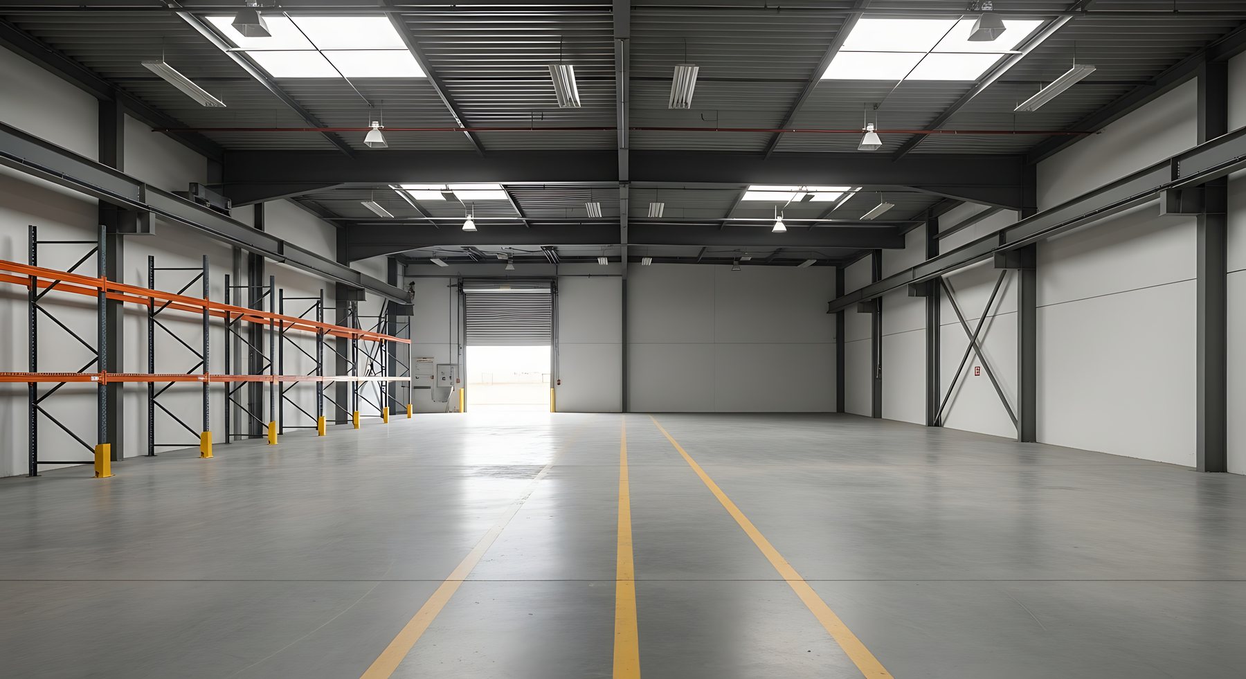 Interior of a small bay warehouse unit with pallet racking and high clear height